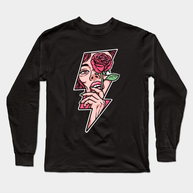 beautiful woman holding rose flower Long Sleeve T-Shirt by gunaone design